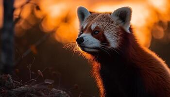 soffice rosso panda seduta su albero ramo generato di ai foto