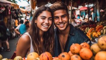 giovane adulti sorridente, godendo frutta all'aperto insieme generato di ai foto