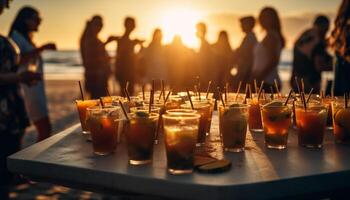 giovane adulti godere bevande a spiaggia festa generato di ai foto