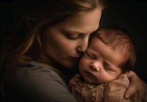 nuovo vita, nuovo amore madre Abbracciare una persona neonato generato di ai foto