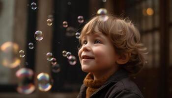 sorridente bambino piccolo soffiaggio bolle nel natura bellezza generato di ai foto