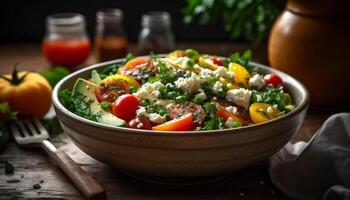 fresco insalata ciotola con quinoa, la verdura, e erbe aromatiche generato di ai foto