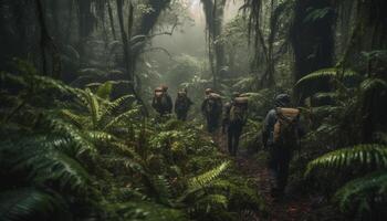 gruppo di backpackers escursioni a piedi attraverso tropicale foresta pluviale generato di ai foto