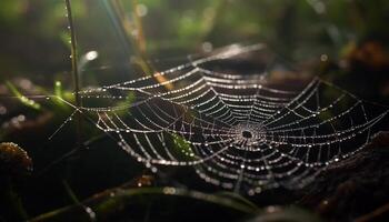 ragno ragnatela luccica con rugiada gocce all'aperto generato di ai foto