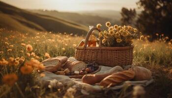 sole baciato picnic cestino pieno con fresco biologico frutta e pane generato di ai foto