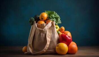 fresco biologico frutta e verdure nel tela ruvida shopping Borsa generato di ai foto