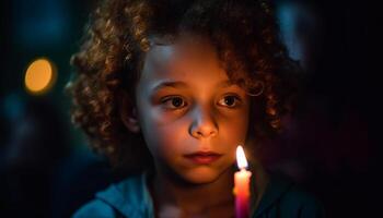 sorridente bambino con Riccio capelli illuminato di candela fiamma generato di ai foto