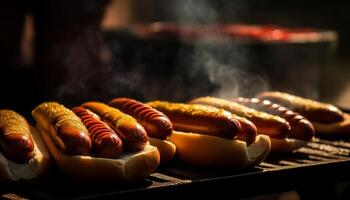 grigliato carne su barbecue griglia, caldo cani e hamburger cucinando generato di ai foto