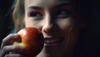 sorridente ragazza Tenere fresco mela, godendo salutare stile di vita in casa generato di ai foto