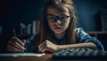 giovane adulto donna Lavorando in casa utilizzando computer tecnologia e occhiali generato di ai foto