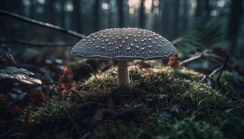 macchiato fungo velenoso crescita su bagnato foresta foglia, macro vicino su generato di ai foto