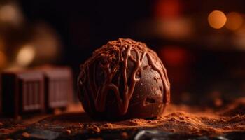 indulgente fatti in casa buio cioccolato tartufo dolce su legna tavolo generato di ai foto