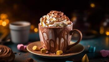 indulgente caldo cioccolato con frustato crema e marshmallow su legna tavolo generato di ai foto