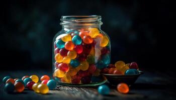 colorato caramella ciotola con dolce tratta, frutta, e cioccolato indulgenza generato di ai foto