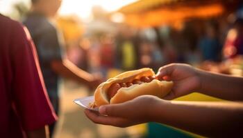 grigliato hamburger e caldo cani, un' estate picnic diletto generato di ai foto