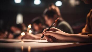 giovane adulti studiando in casa a un' tavolo, Tenere penne e matite generato di ai foto