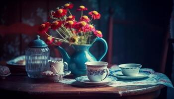 rustico caffè tavolo con fresco fiore mazzo e caldo bevanda generato di ai foto