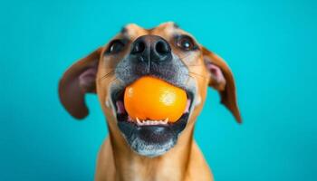 carino terrier cucciolo masticazione su fresco frutta nel giocoso ritratto generato di ai foto