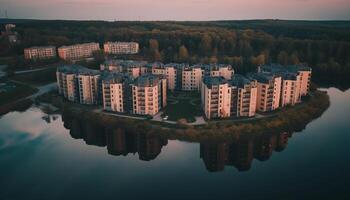 moderno città orizzonte riflette tranquillo tramonto al di sopra di suburbano alloggiamento sviluppo generato di ai foto