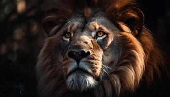 maestoso Leone fissando a telecamera, in mostra bellezza nel natura generato di ai foto