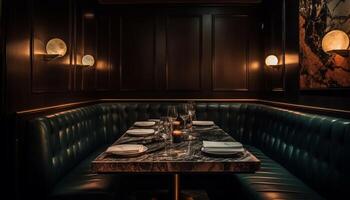 moderno lusso cenare camera con elegante legna design e confortevole posti a sedere generato di ai foto