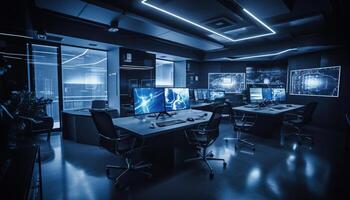 moderno ufficio design con luminosa illuminazione, computer attrezzatura e futuristico architettura generato di ai foto