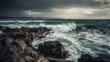 ruvido mari schianto contro drammatico scogliera, bellezza nel natura furia generato di ai foto