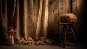 rustico lanterna si illumina vecchio stile di legno tavolo nel accogliente vivente camera generato di ai foto