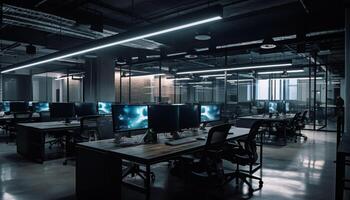 moderno ufficio con luminosa computer laboratorio, futuristico design professionale Lavorando generato di ai foto