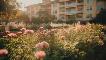 Multi colorato fiore testa nel formale giardino a tramonto, vicino su bellezza generato di ai foto