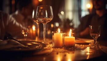 romantico a lume di candela cena festa, vino e eleganza illuminare celebrazione generato di ai foto