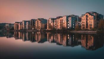 moderno grattacieli illuminare il tranquillo lungomare a crepuscolo nel un' futuristico paesaggio urbano generato di ai foto