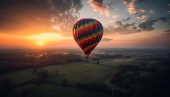 levitante alto su, caldo aria Palloncino vola al di sopra di Multi colorato paesaggio generato di ai foto