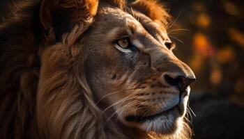 maestoso leonessa fissando, mettere in guardia nel natura selvaggia, bellezza nel natura erba generato di ai foto