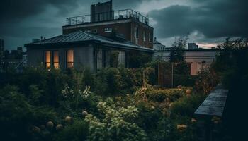 spaventoso crepuscolo si illumina abbandonato vecchio edificio nel rurale paesaggio generato di ai foto