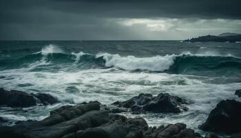 buio orizzonte al di sopra di Crashing onde, drammatico cielo nel idilliaco paesaggio marino generato di ai foto