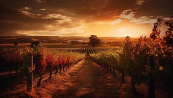 illuminata dal sole vigneto nel rurale paesaggio, maturo uva per vinificazione generato di ai foto