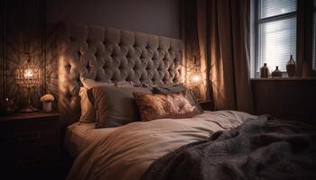 lusso Hotel suite con moderno arredamento, confortevole biancheria da letto, e elegante illuminazione generato di ai foto