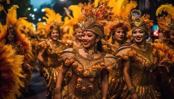 colorato brasiliano samba parata giovane donne danza nel tradizionale capi di abbigliamento generato di ai foto