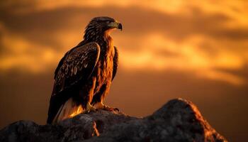 maestoso uccello di preda perching a tramonto, piume raggiante nel luce del sole generato di ai foto