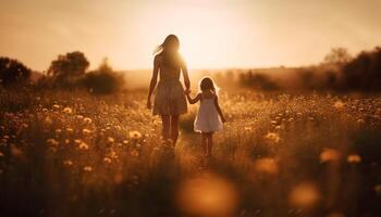 madre e figlia abbraccio nel spensierato natura, godendo tramonto passeggiare generato di ai foto