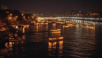 illuminato città orizzonte riflette su acqua a crepuscolo, nautico nave generato di ai foto