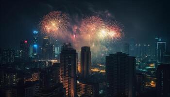 vivace città orizzonte esplode con colorato fuochi d'artificio a notte celebrazione generato di ai foto