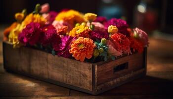 fresco mazzo di Multi colorato fiori nel rustico vaso per decorazione generato di ai foto