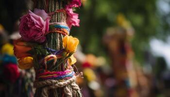 Multi colorato decorazione sospeso a partire dal corda nel tradizionale Festival celebrazione all'aperto generato di ai foto