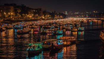 ore notturne lungomare viaggio barca a vela, yacht, e nautico navi illuminato generato di ai foto