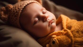 sereno bambino ragazzo avvolto nel morbido coperta addormentato pacificamente in casa generato di ai foto