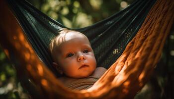 carino caucasico bambino ragazzo sorridente nel amaca, godendo natura bellezza generato di ai foto