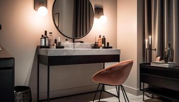 moderno lusso bagno con elegante design e brillante cromo infissi generato di ai foto