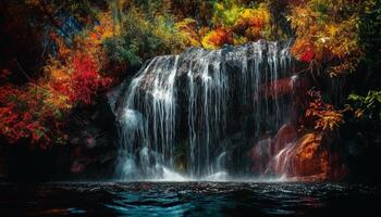 autunno foresta bellezza nel natura bagnato le foglie cadente, Multi colorato movimento generato di ai foto